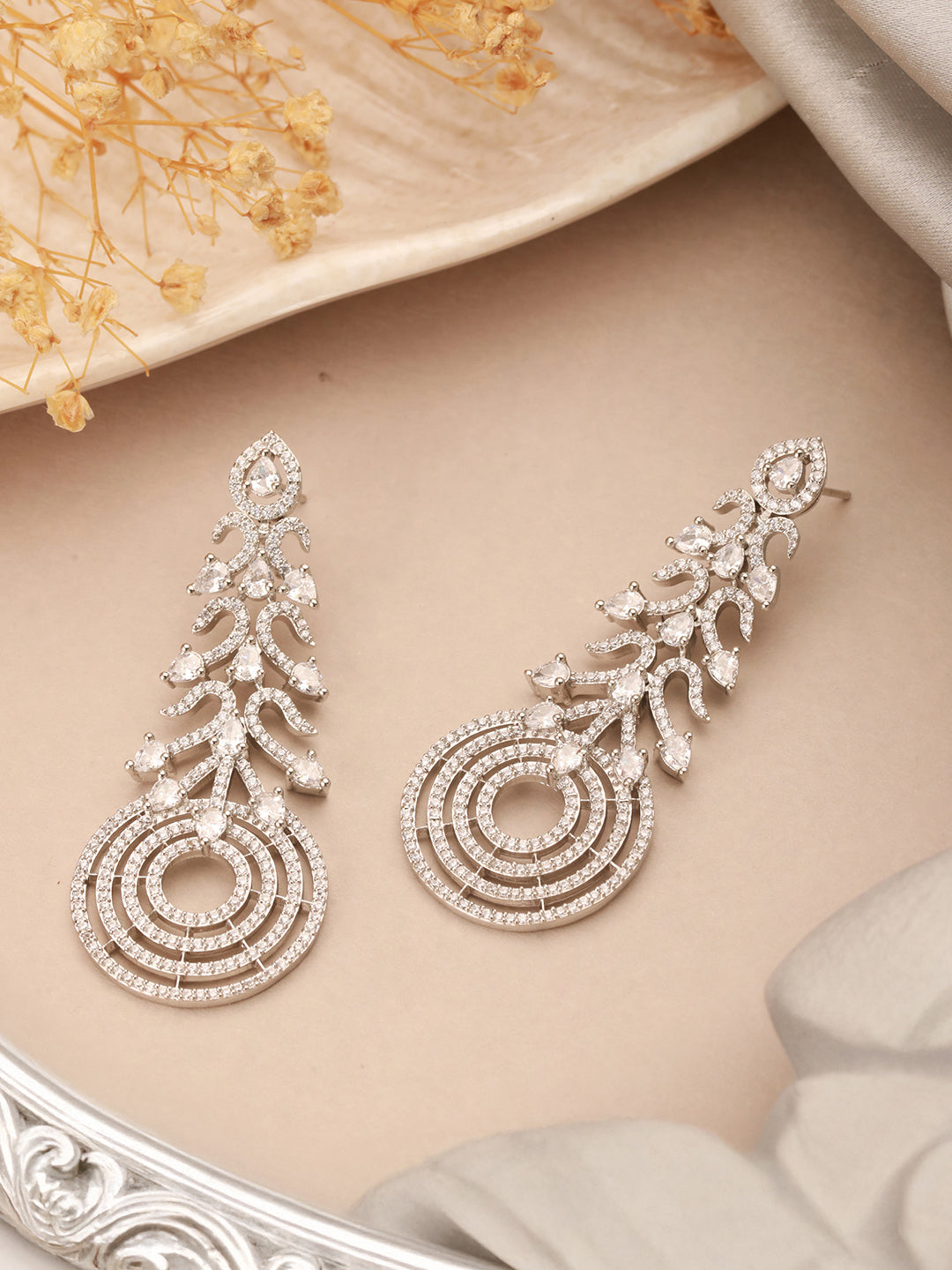 Silver Toned AD Zircon Studded Designer Spiral Long Earrings